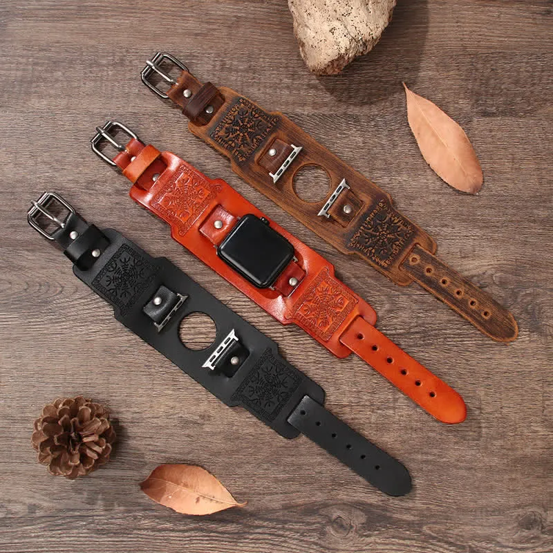 Relief Viking Compass Totem Leather Watch Band