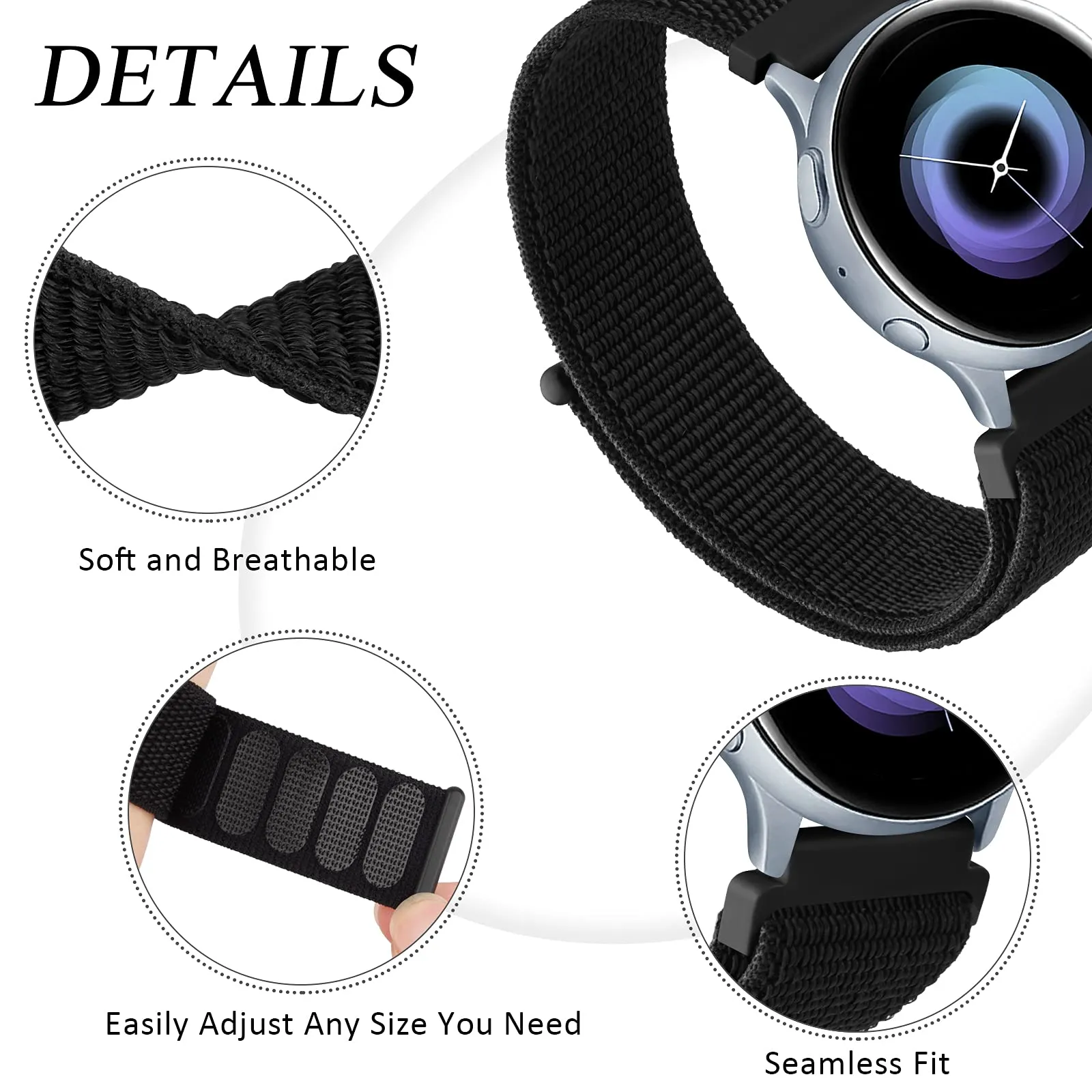 Samsung Galaxy Watch 4 40mm 44mm/Classic/Active 2 40mm 44mm/Galaxy Watch 3 41mm | Nylon Strap Watch Band   | Reflector Black