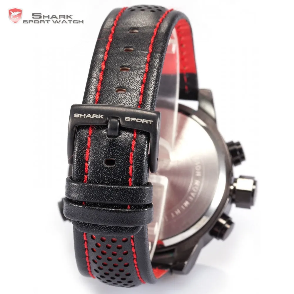 Shark Sport Watch LED Black Red Stainless Steel Case Analog Digital Dual Movement Tag Timezone Leather Strap Men Clock