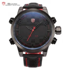 Shark Sport Watch LED Black Red Stainless Steel Case Analog Digital Dual Movement Tag Timezone Leather Strap Men Clock