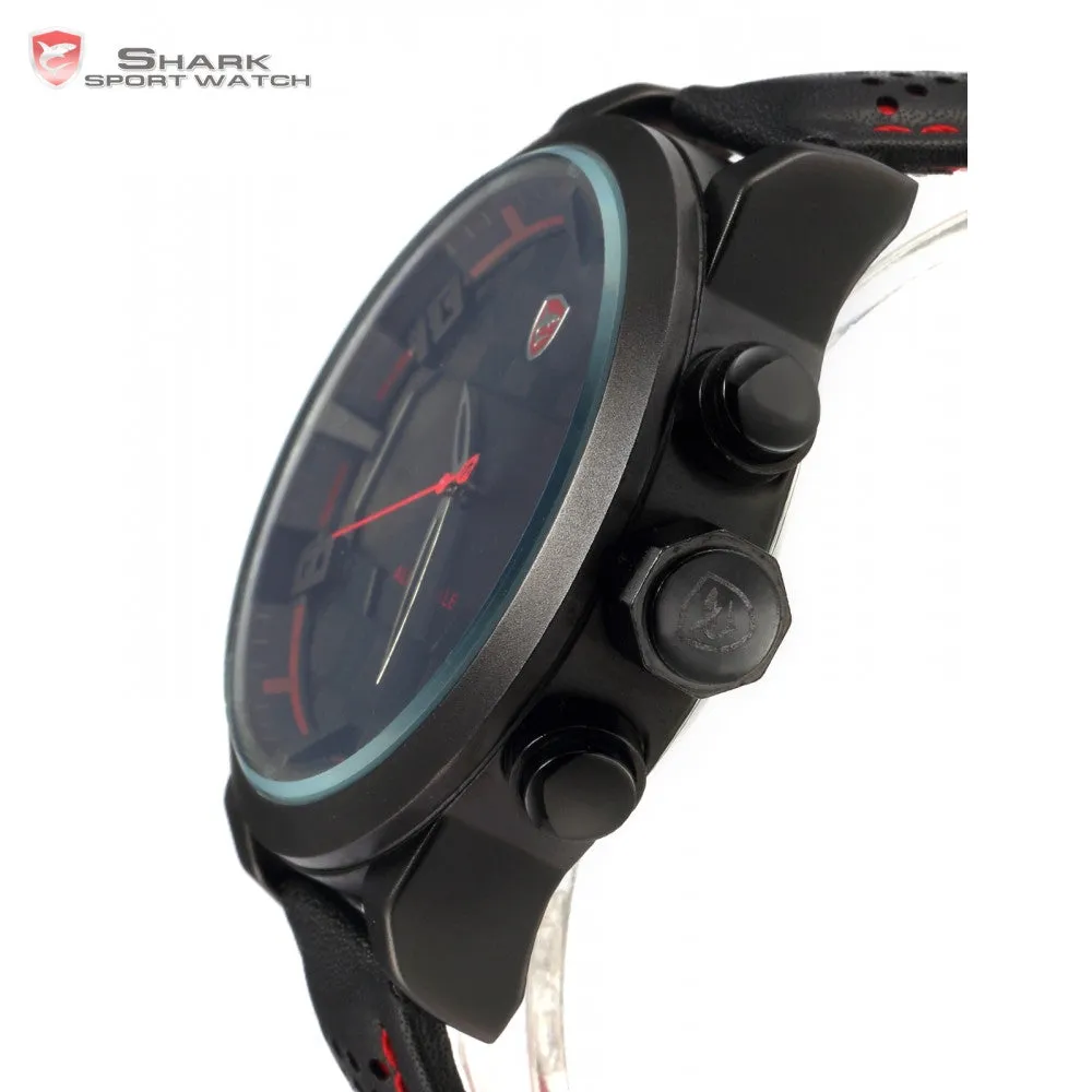 Shark Sport Watch LED Black Red Stainless Steel Case Analog Digital Dual Movement Tag Timezone Leather Strap Men Clock