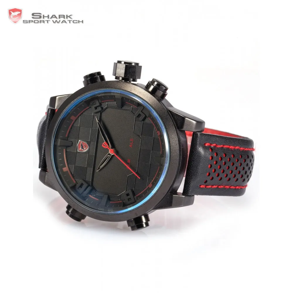 Shark Sport Watch LED Black Red Stainless Steel Case Analog Digital Dual Movement Tag Timezone Leather Strap Men Clock