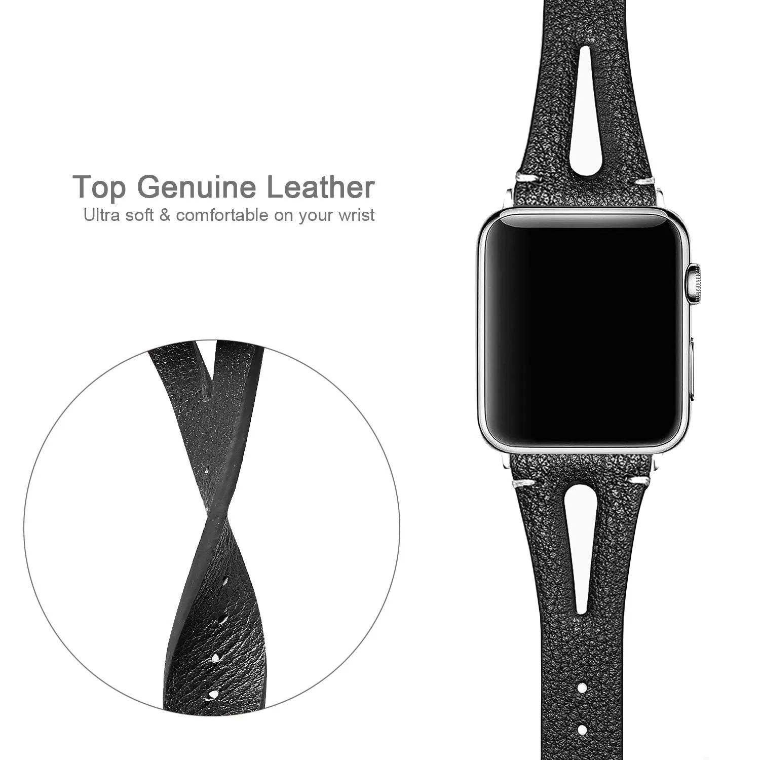 Soft Slim Leather Black Band For Apple Watch