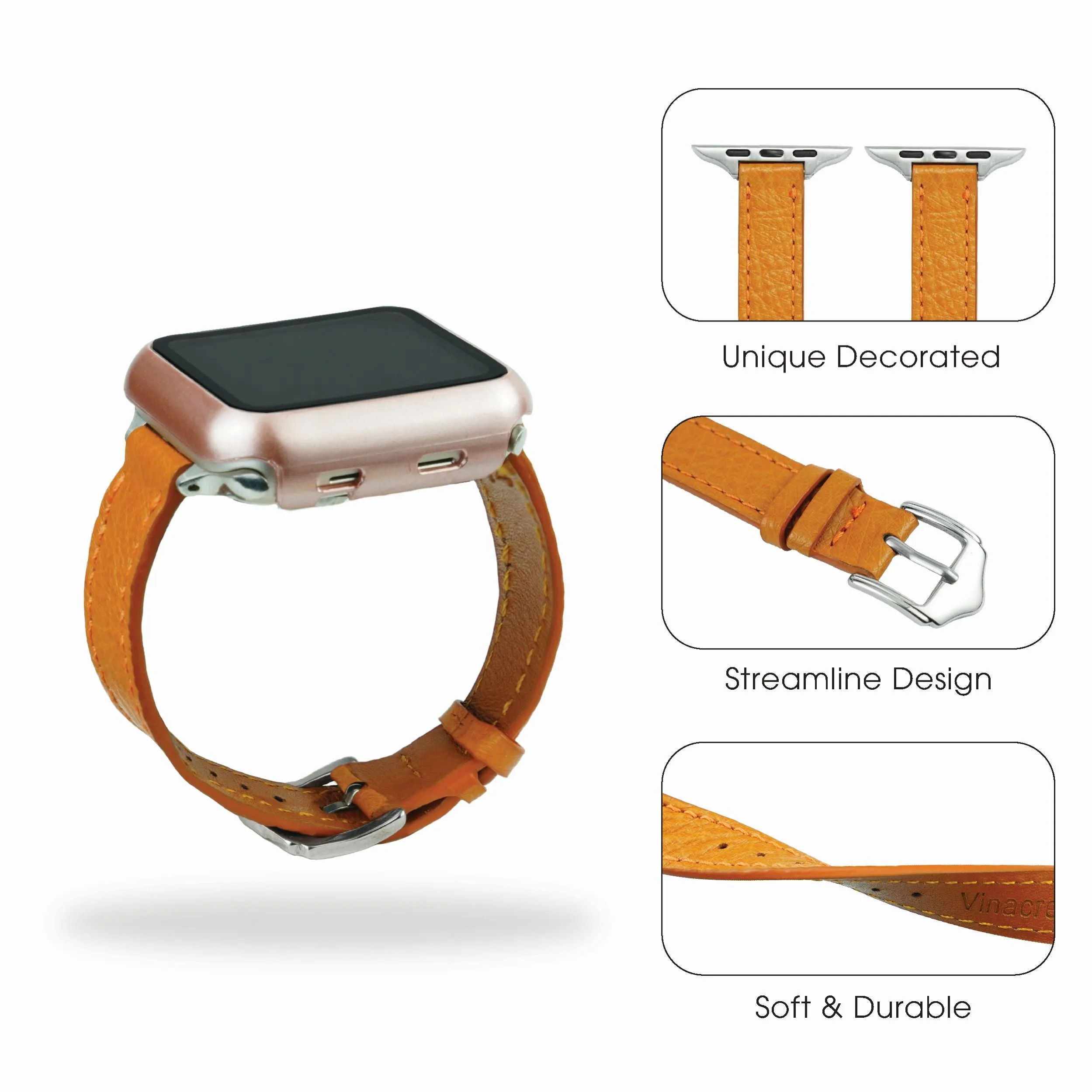 Tan Flat Ostrich Leather Band Compatible Apple Watch Iwatch 38mm Screen Protector Case Silver Adapter Replacement Strap For Smartwatch Series 7 8 Leather Handmade AW-182S-W-38MM