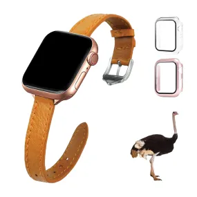 Tan Flat Ostrich Leather Band Compatible Apple Watch Iwatch 38mm Screen Protector Case Silver Adapter Replacement Strap For Smartwatch Series 7 8 Leather Handmade AW-182S-W-38MM