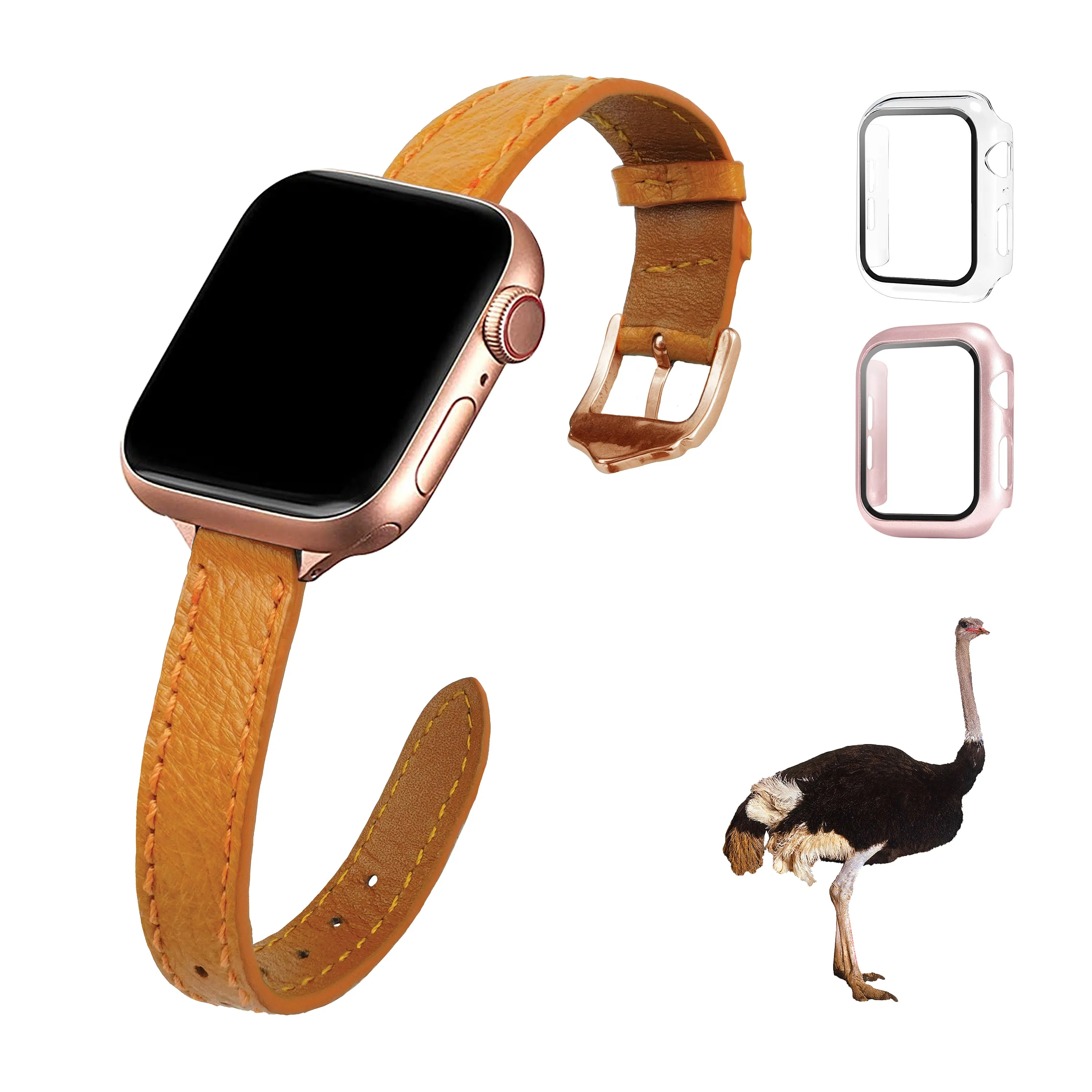 Tan Flat Ostrich Leather Band Compatible Apple Watch Iwatch 45mm Screen Protector Case Gold Adapter Replacement Strap For Smartwatch Series 7 8 Leather Handmade AW-182G-W-45MM