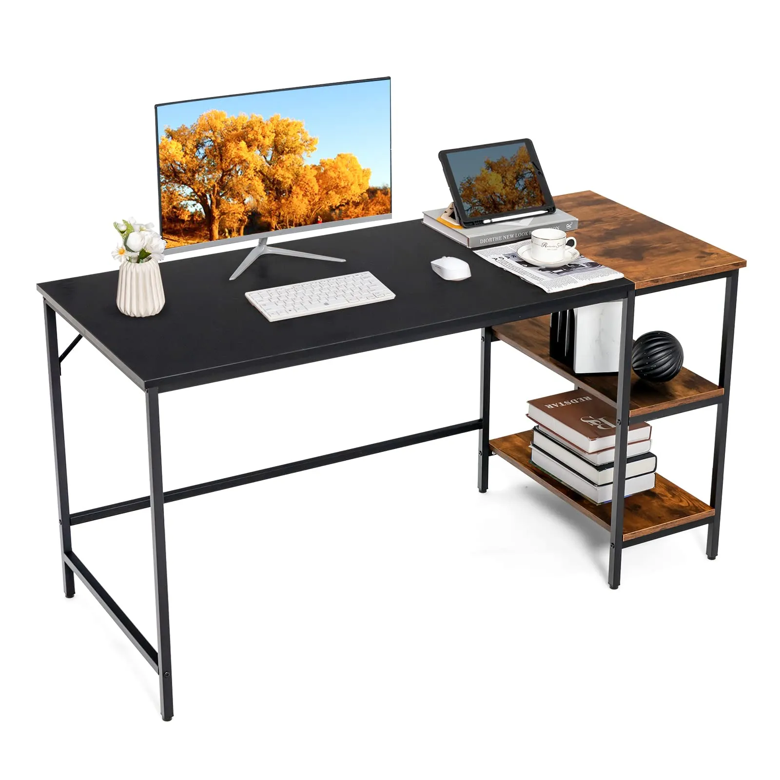 Tangkula 55" Computer Desk, Large Home Office Desk with 2-Tier Storage Shelves