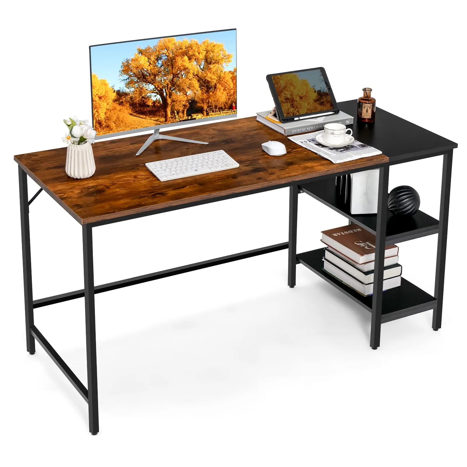 Tangkula 55" Computer Desk, Large Home Office Desk with 2-Tier Storage Shelves