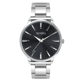 Tensity Stainless Steel Round Black Dial Silver Band Watch