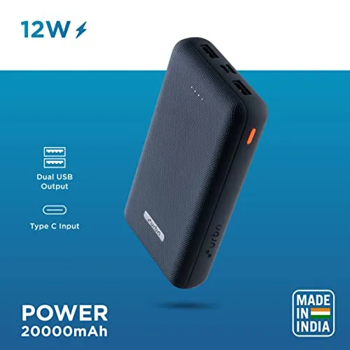 URBN 20000 mAh Li-Polymer Ultra Compact Power Bank | 12W Fast Charge | Dual USB Output | Type C & Micro Input Only | Pocket Size | Made in India (Blue)