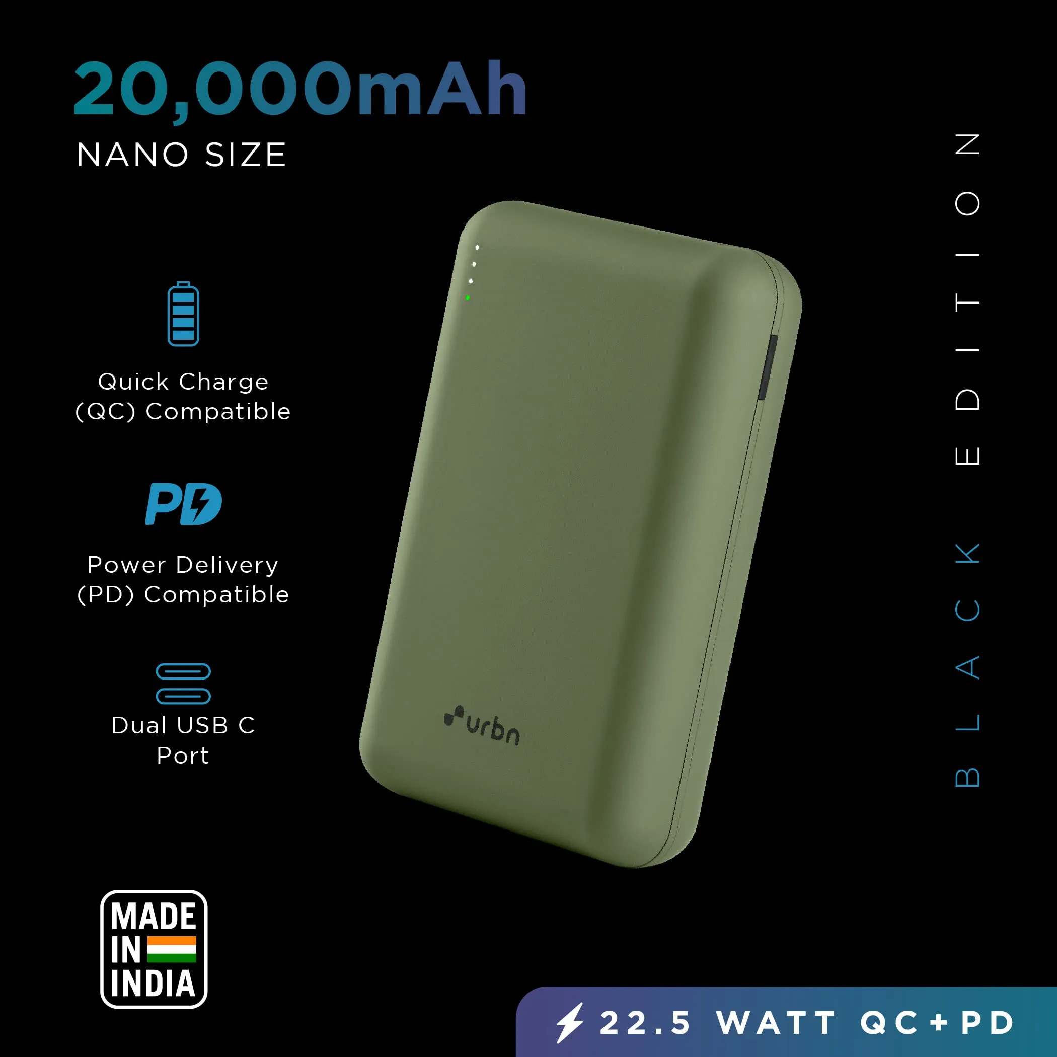 URBN 20000 mAh Premium Nano Power Bank | 22.5W Super Fast Charging | Smallest Power Bank | Dual Type C Power Delivery (PD) Output   1 USB Output for Quick Charge | Two-Way Fast Charge (Camo)