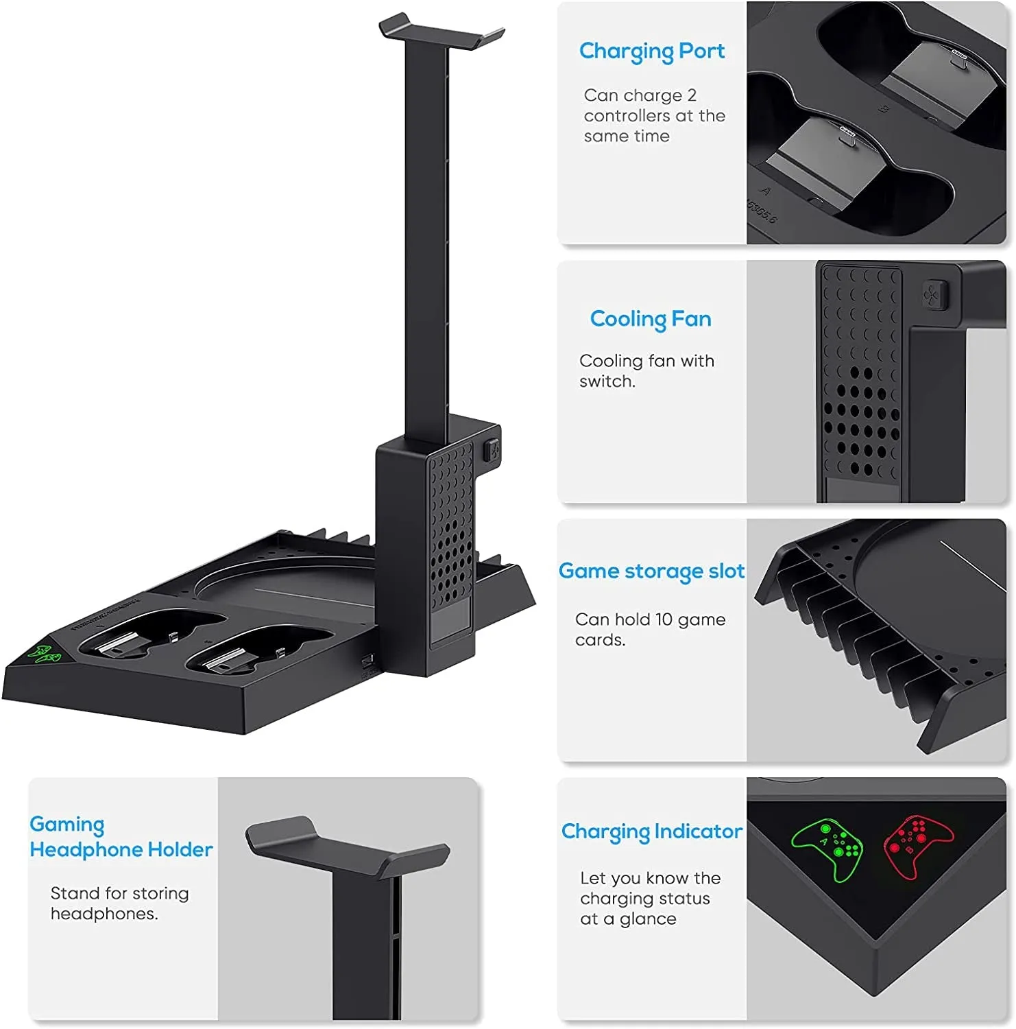 Vertical Cooling Stand for Xbox Series X Console - Dual Controller Charging Dock Station with 2 Pack 1400Mah Batteries & Game Rack Storage Organizer and Gaming Headphones Holder for Xbox Series X