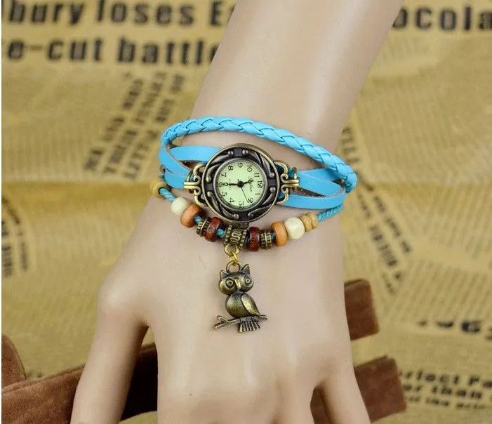 Vintage Watch Leather Strap bronze ladies quartz Watches Owl Pendant item hours wooden Bead Bracelet watch Casual watches