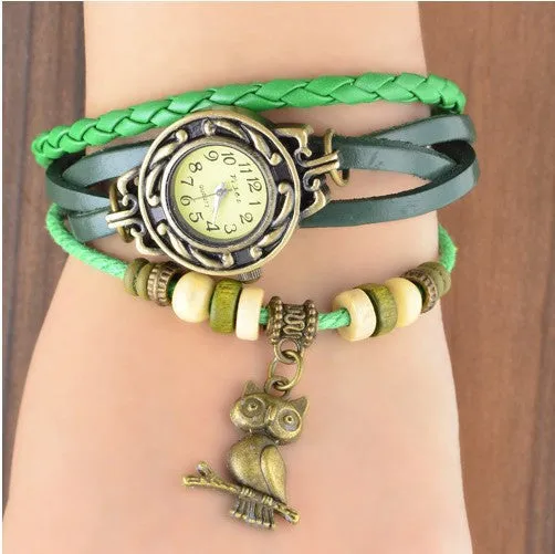 Vintage Watch Leather Strap bronze ladies quartz Watches Owl Pendant item hours wooden Bead Bracelet watch Casual watches