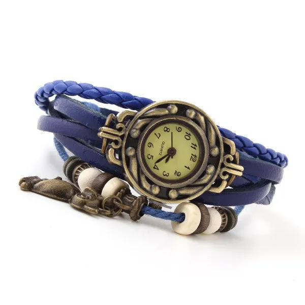 Vintage Watch Leather Strap bronze ladies quartz Watches Owl Pendant item hours wooden Bead Bracelet watch Casual watches