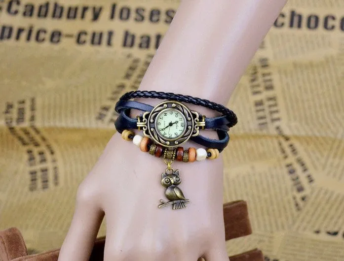 Vintage Watch Leather Strap bronze ladies quartz Watches Owl Pendant item hours wooden Bead Bracelet watch Casual watches