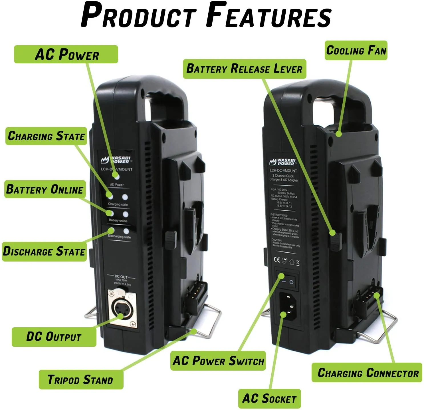 Wasabi Power V-Mount Dual Charger with DC 16.8V Power Supply Output Compatible with Any V-Mount Brick