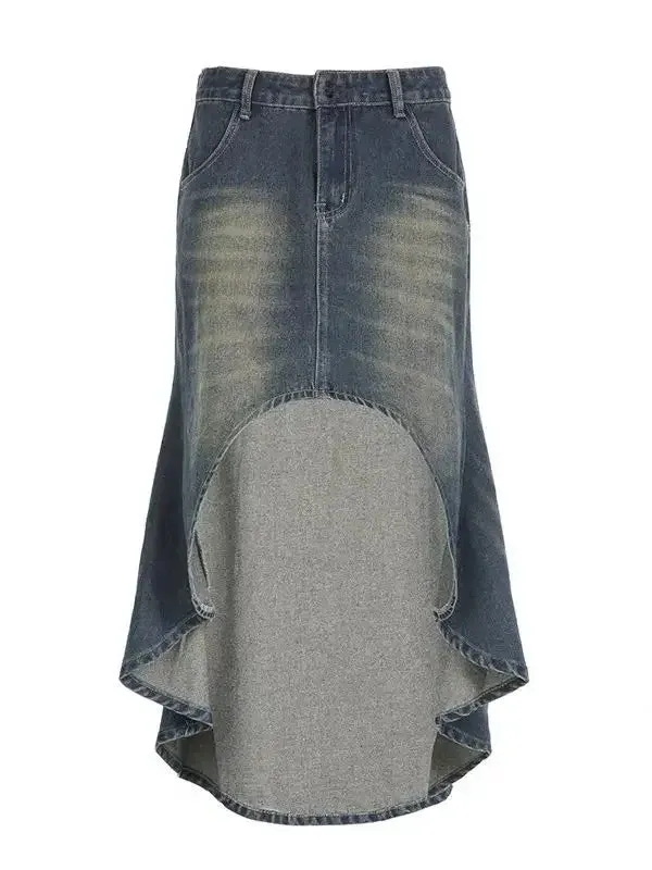 Wjczt High-waisted Vintage Distressed Slimming Denim Skirt Women's Irregular Side Slit Skirt Spring/summer 2024 New Arrival