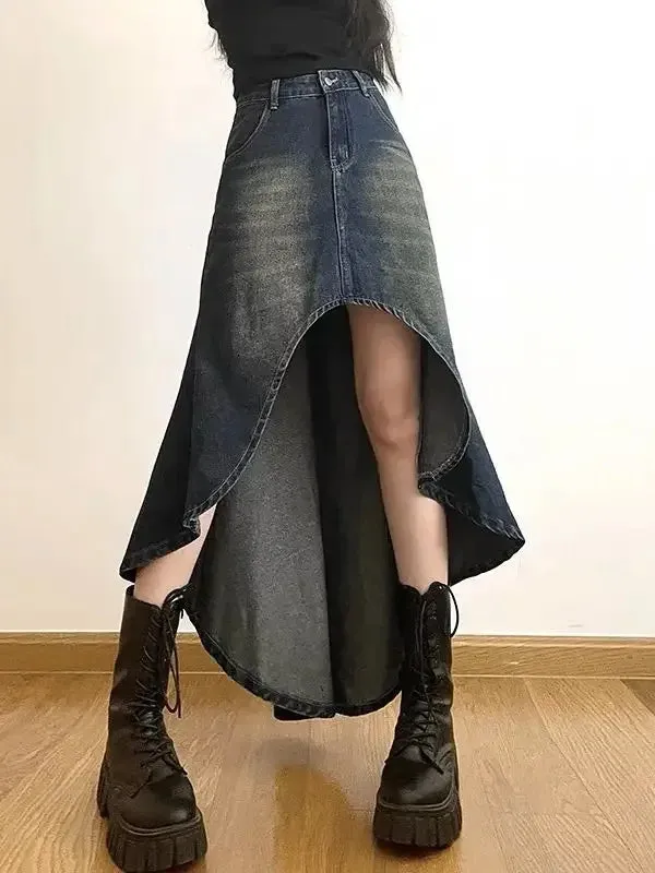 Wjczt High-waisted Vintage Distressed Slimming Denim Skirt Women's Irregular Side Slit Skirt Spring/summer 2024 New Arrival