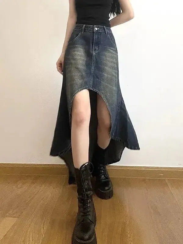 Wjczt High-waisted Vintage Distressed Slimming Denim Skirt Women's Irregular Side Slit Skirt Spring/summer 2024 New Arrival